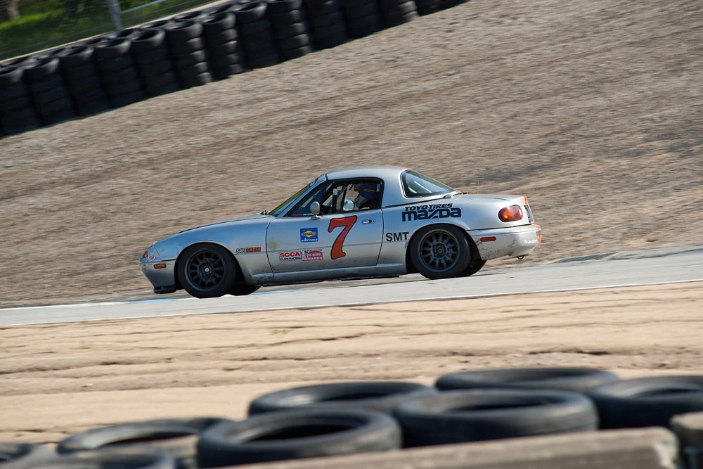 Silver number 7 Spec Miata on track from Nick’s earlier racing years