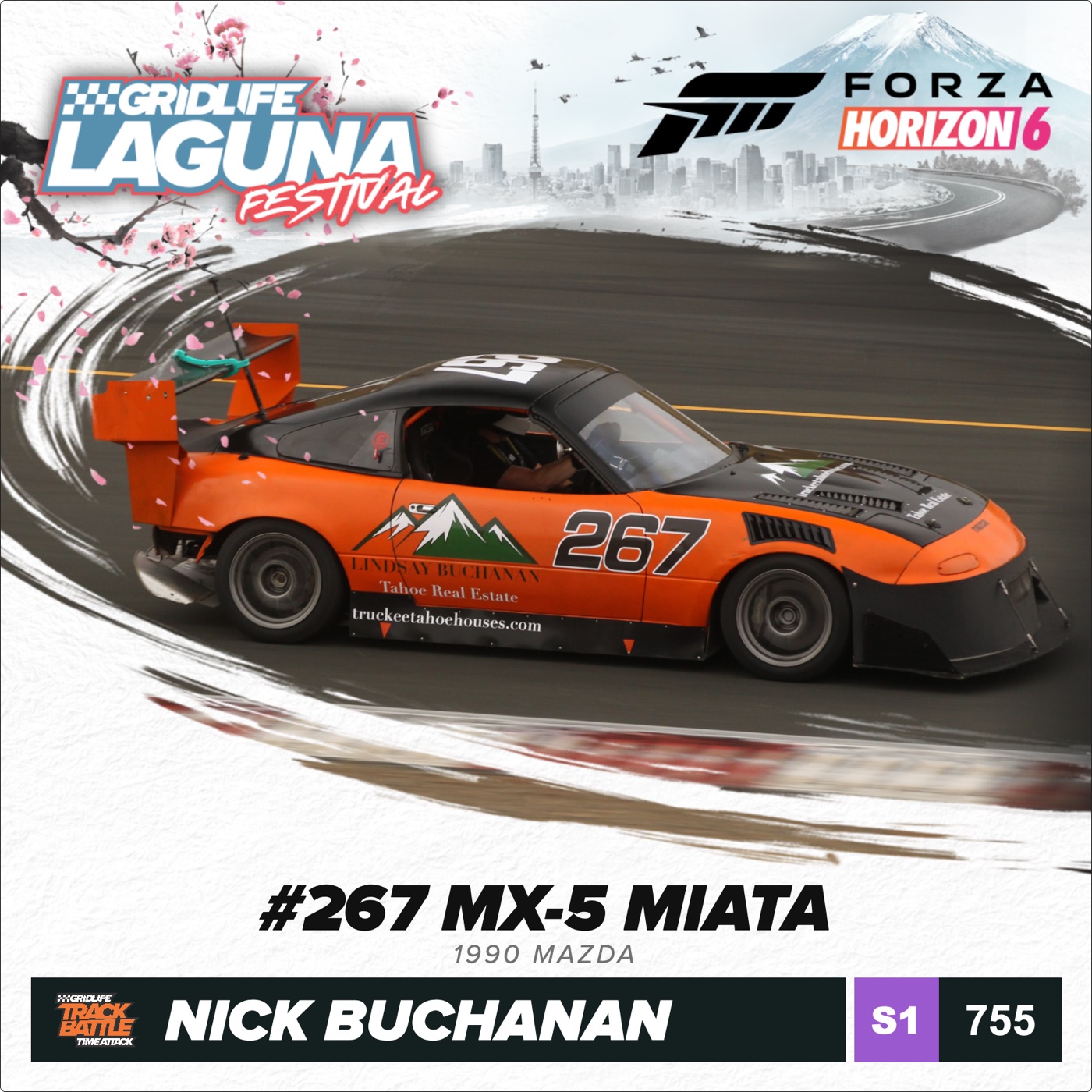 GridLife Laguna driver graphic for Nick Buchanan and the number 267 Miata